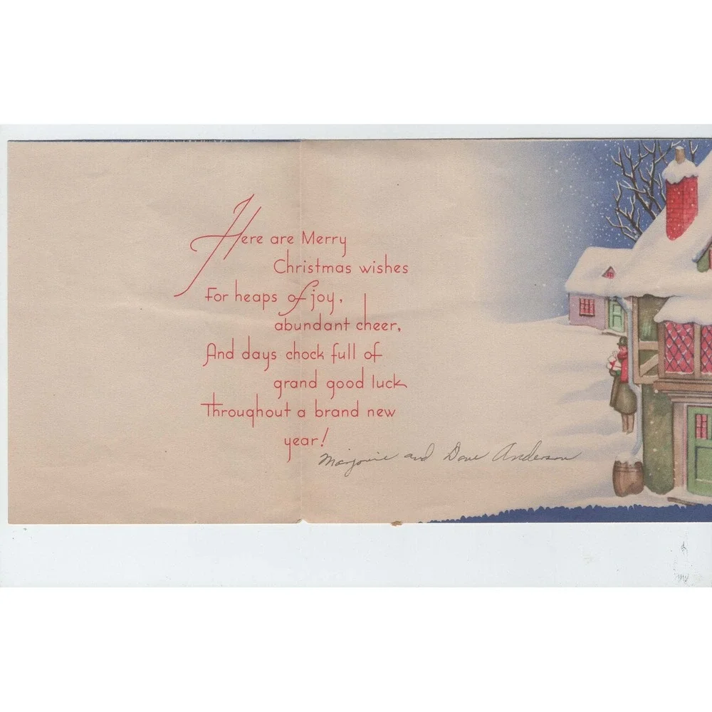 Vintage 1950s Christmas Greeting Card Snowy Village Carolers Sleigh VG